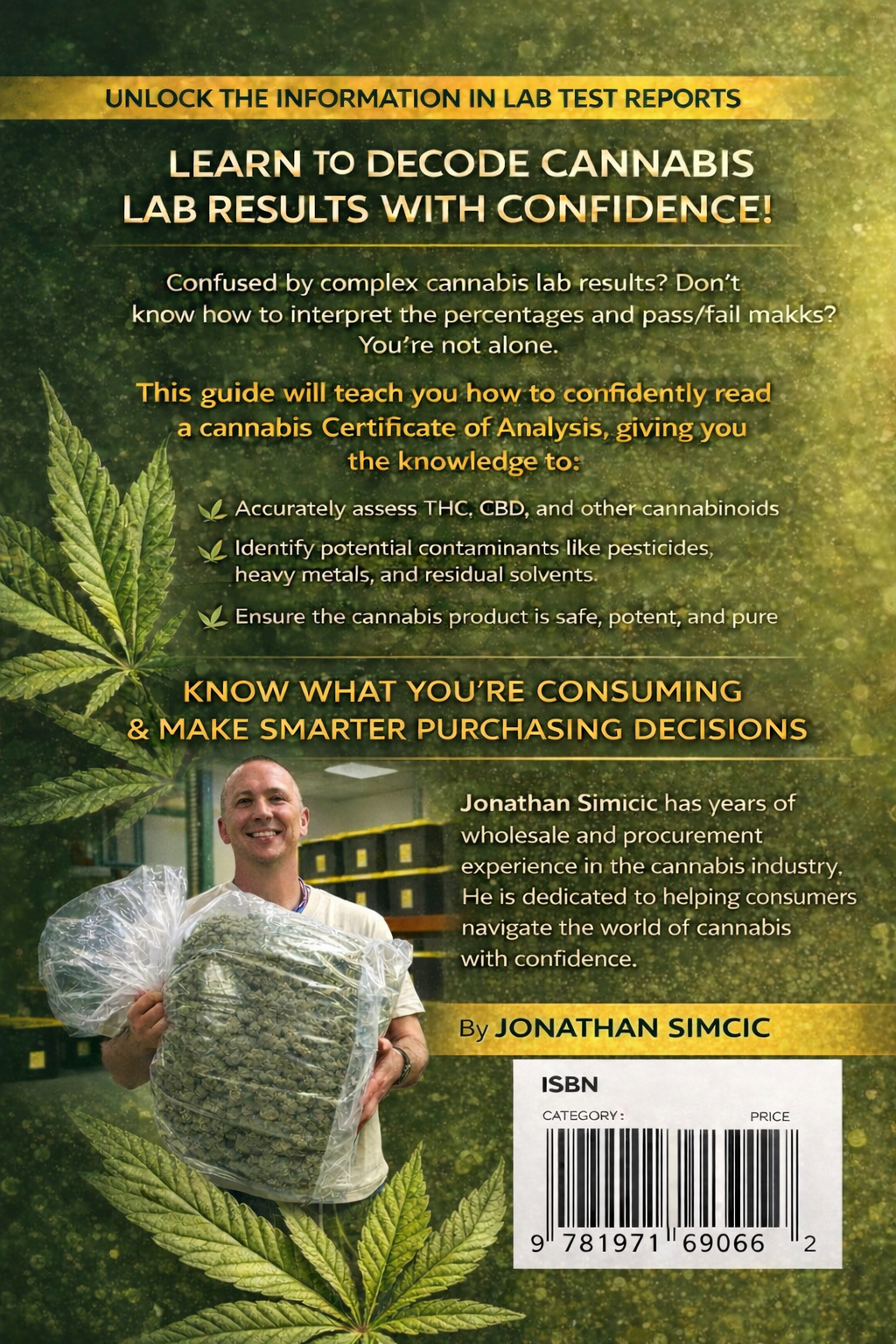 Book cover with cannabis leaf design and text about interpreting cannabis lab results