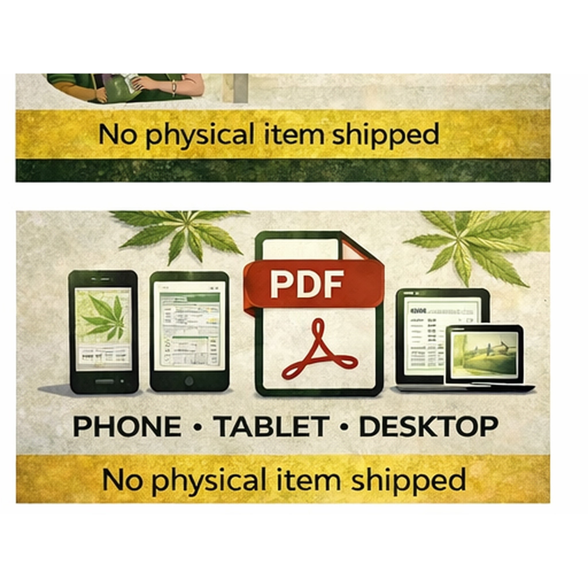 Promotional graphic for digital content availability on various devices with a cannabis leaf theme.