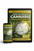 Educational book explaining how to read a cannabis certificate of analysis including potency and lab results.
