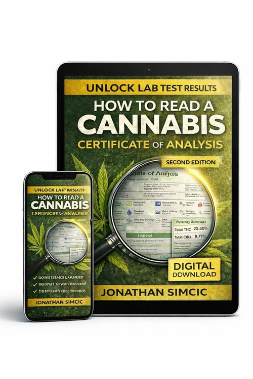 Educational book explaining how to read a cannabis certificate of analysis including potency and lab results.
