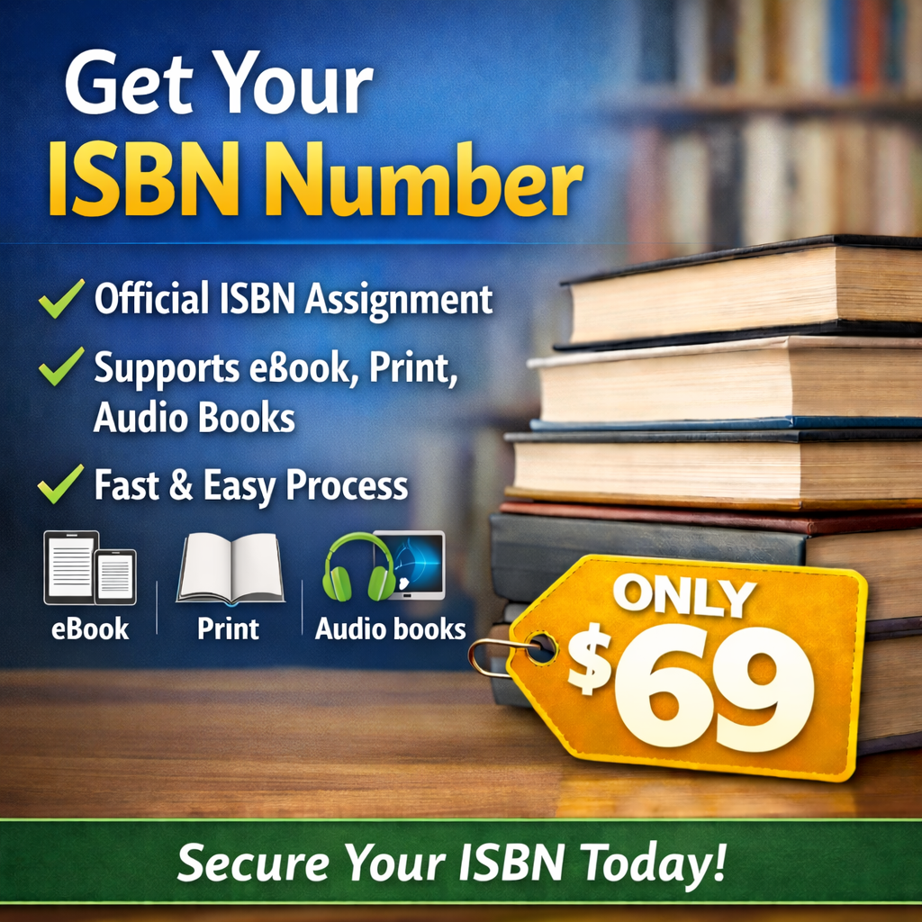 Official ISBN number service for self-published authors, valid for ebook, print, and audiobook formats.

