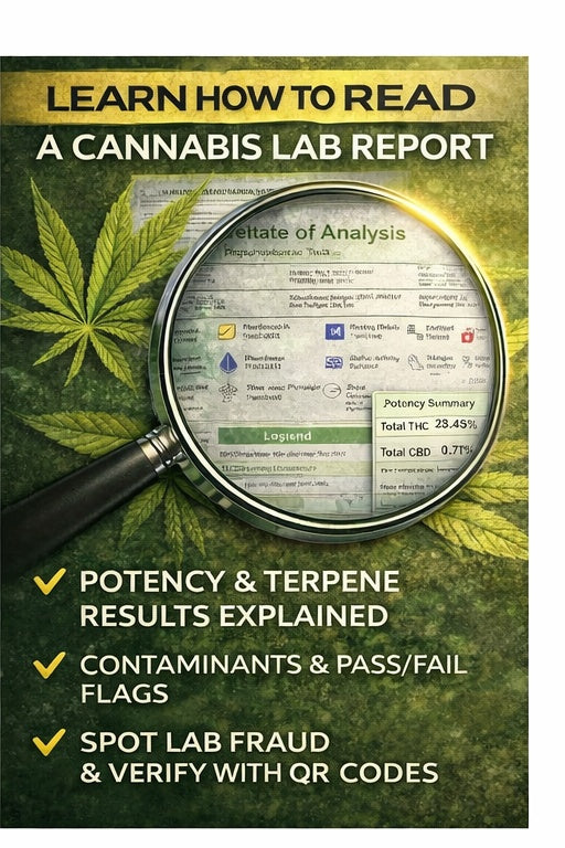 Cannabis leaf with magnifying glass over lab report, text about reading a cannabis lab report.